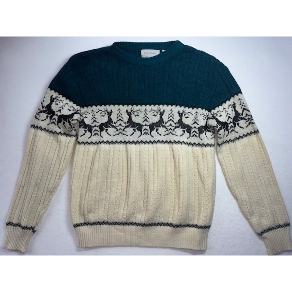 Vintage Rob Winter Sweater Mens MED Reindeer Trees‎ Holiday Knit Y2K 90s